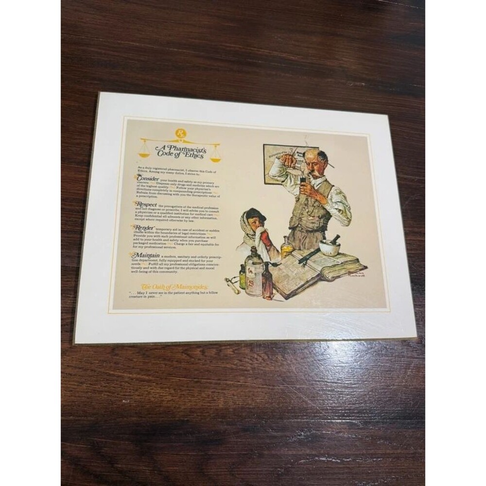 Vintage Norman Rockwell Pharmacist Code of Ethics Plaque Pharmacy Apothecary